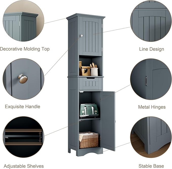 ChooChoo 67" Tall Bathroom Storage Cabinet Freestanding with Adjustable Shelves, Narrow Storage Linen Cabinet with 2 Doors and 1 Drawers for Bathroom, Living Room, Kitchen, Grey-Ruum Studio Home