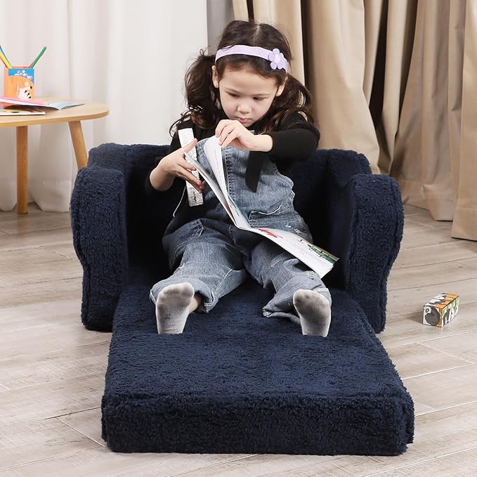 Kids Chairs for Toddler, 2-in-1 Toddler Soft Sherpa Couch Fold Out, Convertible Sofa to Lounger for Girls and Boys, Dark Blue-Ruum Studio Home