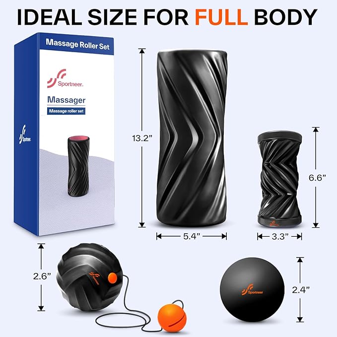Sportneer 4 in 1 Foam Roller Set: Dual Textures Foam Roller, Foot Roller, Lacrosse Ball, Traction Massage Ball with String, Deep Massage Roller for Whole Body Release, Physical Therapy-Ruum Studio Home