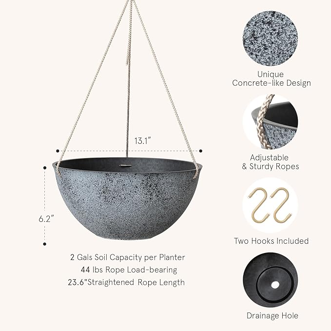 LA JOLIE MUSE Large Hanging Planters for Outdoor Plants - 13 Inch Hanging Flower Pots with Drainage Holes, Set of 2, Rock Grey-Ruum Studio Home