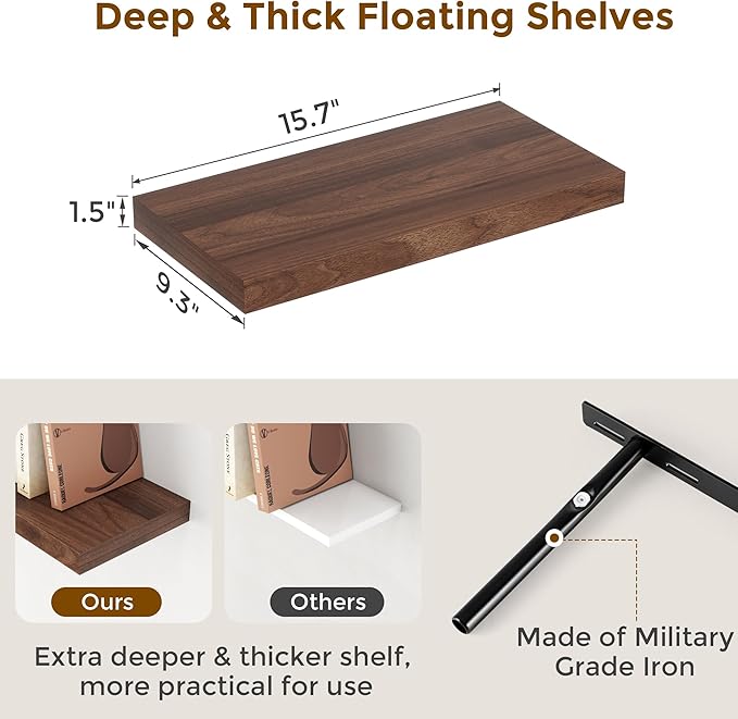 Fun Memories 16 Floating Shelves for Wall, 9 Inch Deep Floating Shelf for Bathroom, Rustic 16 x 9 Floating Shelf for Kitchen, Bedroom, Wide Wooden Shelves Wall Mounted, Walnut Color, Set of 2-Ruum Studio Home