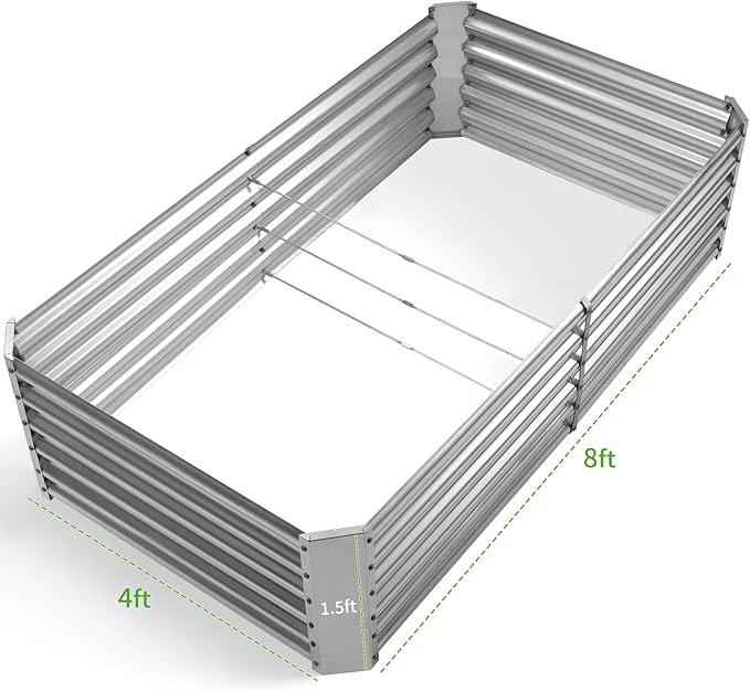 Land Guard Metal Raised Garden Bed for Gardening, 8x4x1.5ft Galvanized Raised Garden Bed, Planter Boxes Outdoor for Vegetables, Fruits and Flowers (Silver)-Ruum Studio Home