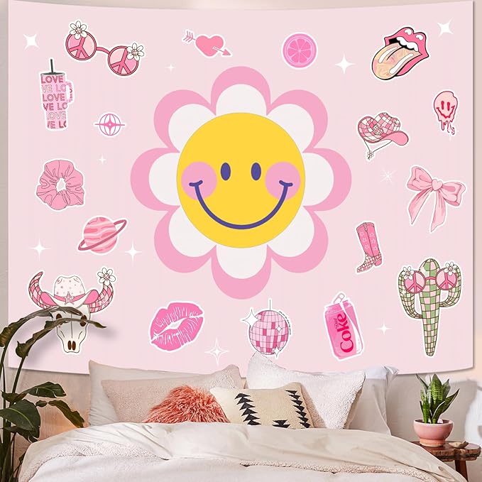 Lunerfex Y2K Tapestry Pink Sun Wall Tapestry, Cute Tapestries for Bedroom Funny Tapestries Wall Hanging for Bedroom Living Room Decor Pink-7 44"x60"-Ruum Studio Home