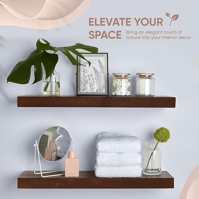 Homeforia 24inch Walnut Floating Shelves for Wall, High End Solid Real Wood 24in Floating Shelf for Bathroom, Dark Brown 24 inch Long Floating Shelves, Heavy Duty Bracket, 24 X 6.5 X 1.75 in, Set of 3-Ruum Studio Home