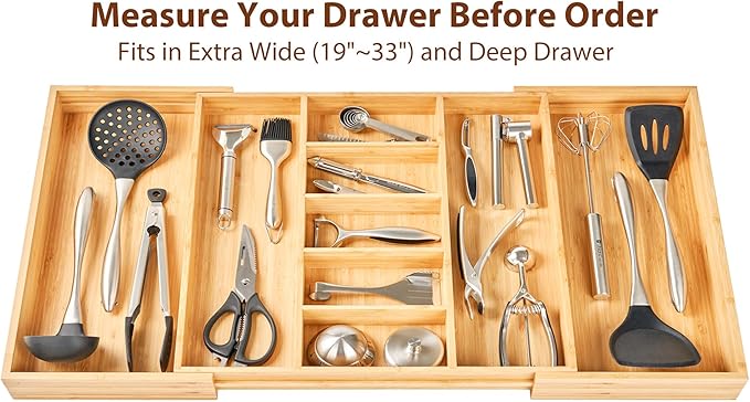 Umilife Extra Large Expandable Kitchen Drawer Organizer for Utensil and Junk, 19" Deep for Big Drawer, 19" to 33" Adjustable Bamboo Wood Drawer Divider, Cutlery Tray, Flatware Holder-Ruum Studio Home