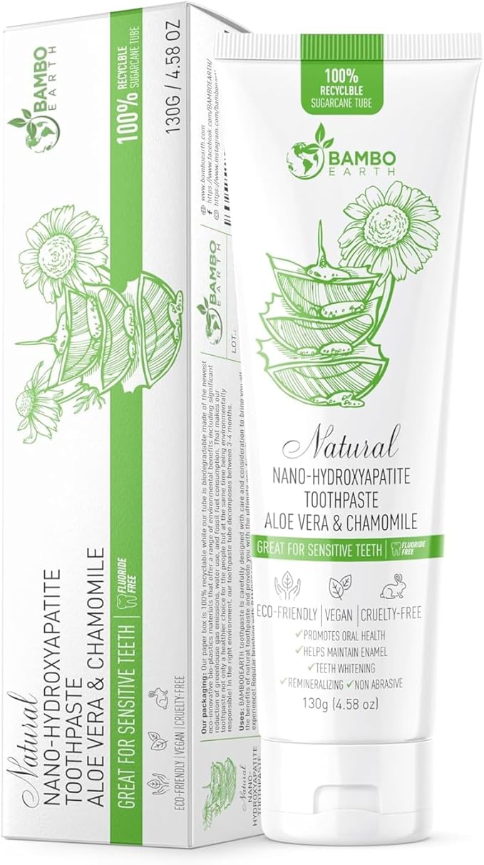 Natural Fluoride Free Toothpaste - Nano Hydroxyapatite, Remineralizing, Sensitive Teeth, Whitening & Zero Waste Tube - Dentist Recommended for Adult & Kids Oral Aloe Vera & Chamomile (Single, Aloe)-Ruum Studio Home