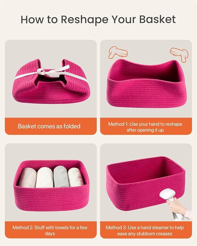 KALLAX Small Woven Basket, 13.5 x 9.5 x 5 Inches, Storage Basket for Organizing, Cute Small Rope Shelf Closet Cube Storage Bins Baskets for Shelves, Dog Toy Gift Baskets Empty, 3 Packs, Hot Pink-Ruum Studio Home