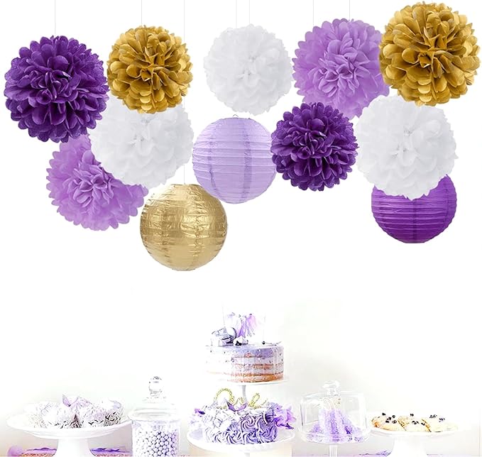 Purple White-Gold Party-Decorations Paper Flowers Lanterns - 15PCS Graduation Lavender Tissue Pom Poms Streamers,Wedding Birthday Bachelorette Baby Shower Classroom Hanging Supplies Decor Hugfond-Ruum Studio Home