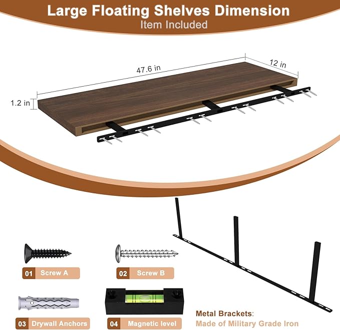 48 Inch Floating Shelf 3 Pack Large Floating Shelves for Wall No Drilling Accessories Included Deep Wall Shelves for Living Room Kitchen Farmhouse 48" W x 12" D x 1.2" Walnut-Ruum Studio Home