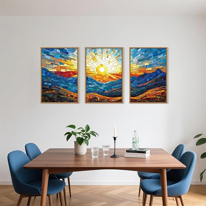 Mountains Framed Canvas Wall Art Set, Modern Abstract Art Painting, Irregular Square Ridge Wall Decor, Sunrise Art Print for Living Room, Bathroom, Bedroom, Office - 16"x24"x3-Ruum Studio Home