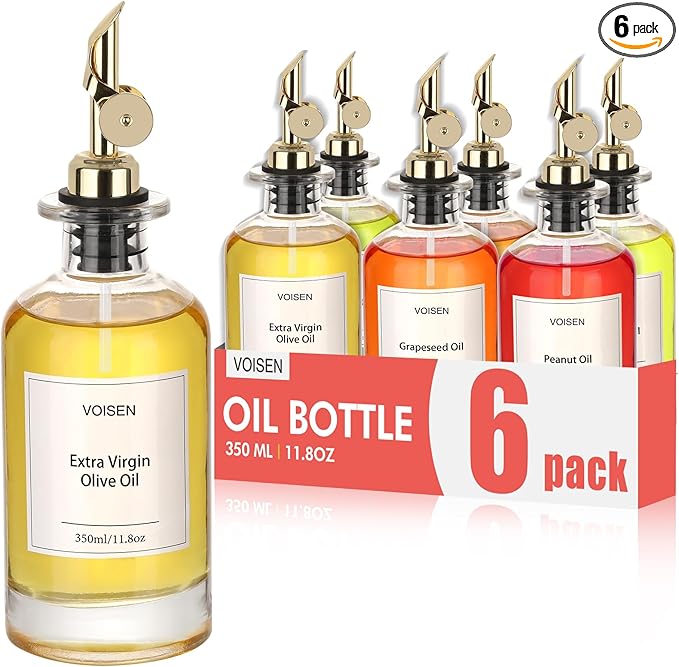 VOISEN Olive Oil Dispenser Bottle for Kitchen, Glass Oil Bottle Set of 6, Coffee Syrup Dispenser,Glass Oil Container with Metal Pourer,Funnel,56 Waterproof Labels-Ruum Studio Home