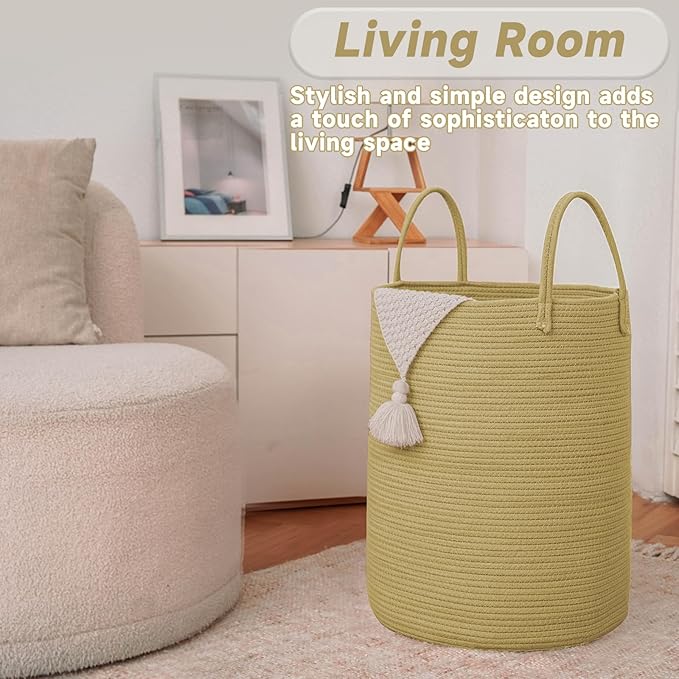 Large Woven Laundry Basket Hamper,100L Cotton Rope Storage Bin for Blankets,Toys and Clothes,Decorative Tall Nursery Hamper for Living Room,Baby Nursery,Bathroom and Bedroom,Jute-Ruum Studio Home