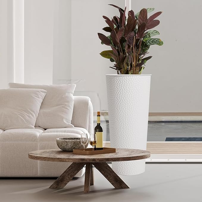 Worth Garden 2-Pack 28" H. Metal Planter with 2X Inside Pots - Hand-Hammered Texture Tall Cone Plant Pots - Large Handcrafted Flower Pot for Indoor Outdoor, Deck, Patio, Front Porch - White-Ruum Studio Home