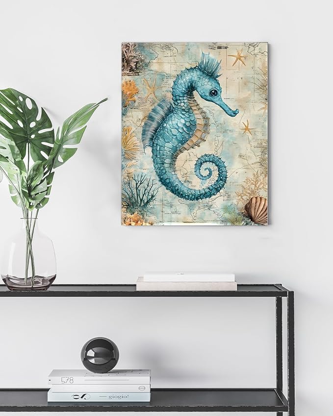 Nautical Seahorse Canvas Wall Art Sea Horse Ocean Theme Print Poster Coastal Framed Picture Painting for Home Beach House Bedroom Wall Decor 8x10 Inch-Ruum Studio Home