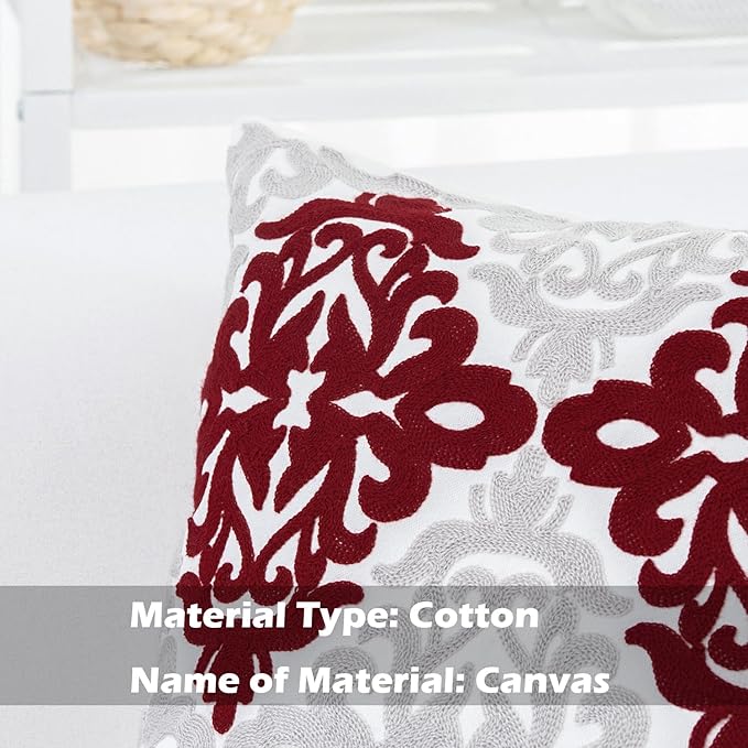 HWY 50 Burgundy Red Decorative Throw Pillow Covers 18x18 Inch (1 Piece), Embroidered Cotton Farmhouse Cushion Cover Pillow Case for Sofa Couch Living Room Bed Bedroon, Floral Geometric-Ruum Studio Home
