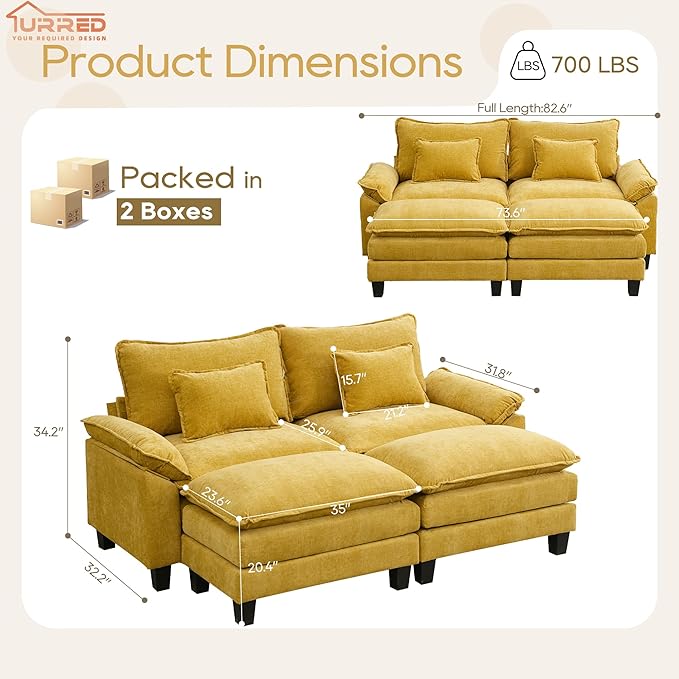 URRED Modular Sectional Sofa Comfy Cloud Couch, Modern Chenille Sofa Sleeper Deep Seat Couches with Ottoman/Pillows for Living Room (Yellow, 82.6''- 2 Ottomans)-Ruum Studio Home