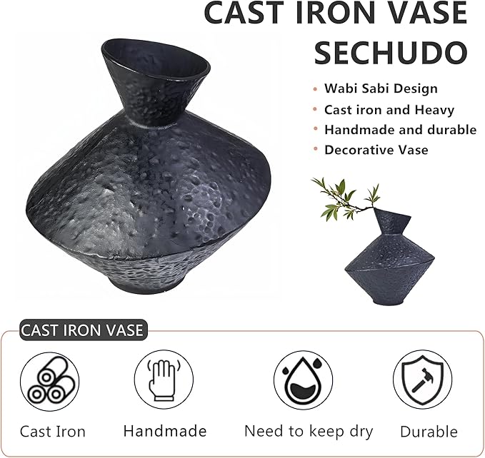 Cast Iron Decorative Vase, Dried Flower Rustic Vases, Wabi Sabi Vase for Modern Home Decor, Living Room, Shelf Decor, Enterway, Wedding, Office, Table, Bedroom, Kitchen, 8.86" H (Black)-Ruum Studio Home