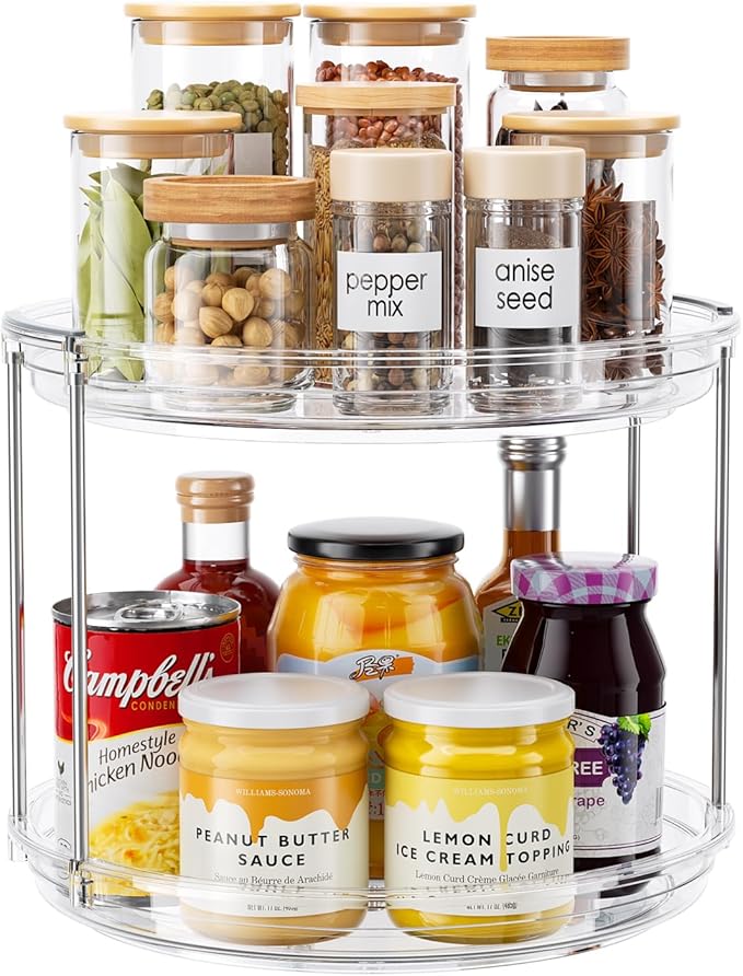 2 Tier Lazy Susan Organizer, 9.25'' Lazy Susan Turntable for Cabinet, Stackable Turntable Organizer Rotating Spice Rack Organization for Kitchen Countertop, Pantry, Bathroom, Clear-Ruum Studio Home