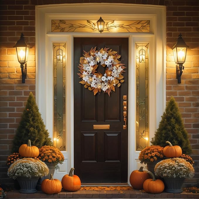 Fall Wreaths for Front Door Outside Autumn Wreath with Lights Berries Pine Cones Fall Decorations for Home Decor Pumpkin Wreath for Farmhouse Holiday Thanksgiving Harvest Halloween Outdoor-Ruum Studio Home
