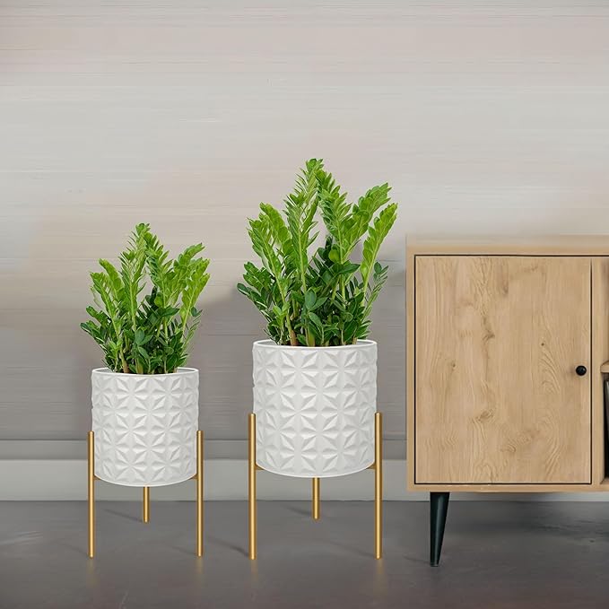 ARNIS Modern Planter Pots, Set of 2 Large Planters with Stand, Decorative Planters, Metal Pots with Drainage Holes for Living Room, Office, Garden or Balcony, 10.5 &12.25 Inch, Matte White-Ruum Studio Home