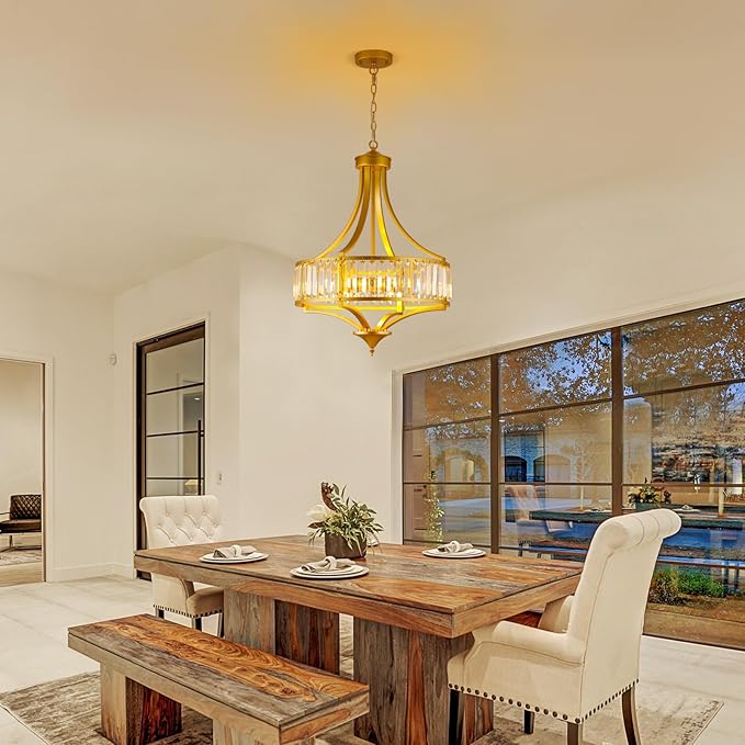 Modern Gold Crystal Chandelier, 20 Inch Large Ceiling Pendant Light Fixture with 50'' Adjustable Hanging Chain, 5-Light Farmhouse Chandelier for Dining Room, Living Room, Bedroom, Entryway-Ruum Studio Home