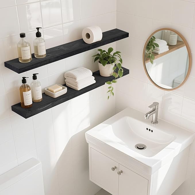 Floating Wall Shelves 2-Pack - 36-Inch Rustic Black Wooden Shelves for Storage and Décor, Easy Installation for Living Room, Bedroom, and Kitchen-Ruum Studio Home