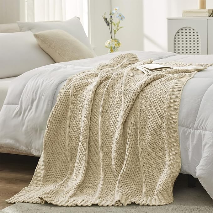 Amélie Home Chenille Knit Throw Blanket for Couch, Chevron Texture Decorative Soft Blanket for Sofa, Bed & Chair, 50"x60", Beige-Ruum Studio Home