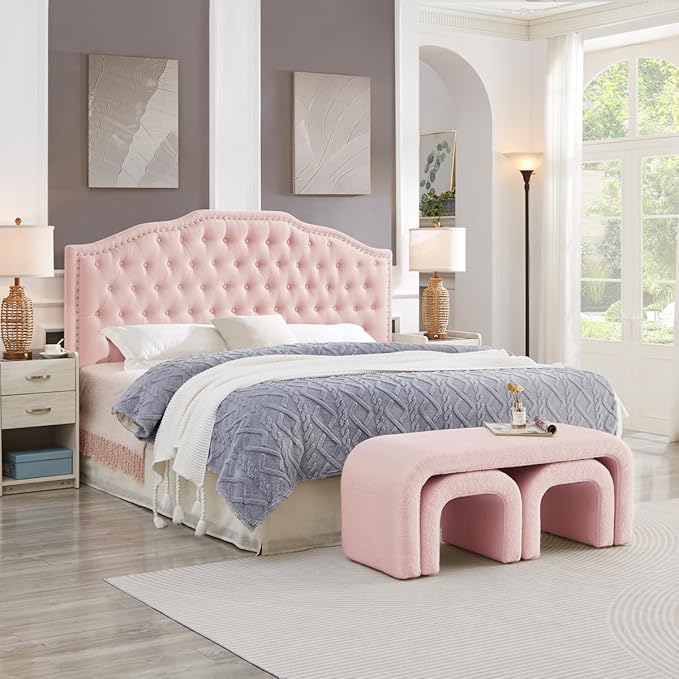24KF Upholstered Button Tufted King Size Headboard with Nailhead Trim, Elegant Boucle Fabric California King headboard, 6031-K-Boucle-Pink-Ruum Studio Home