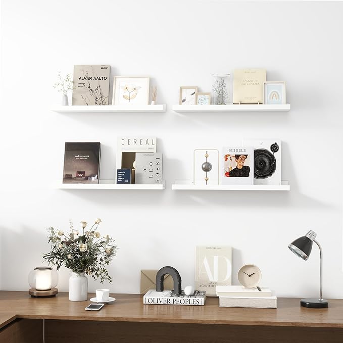 Picture Ledge Shelf, Wood Floating Shelves Set of 4, 24 inch Picture Ledge Shelves, Photo Ledge Nursery Book Shelves Wall Mounted for Living Room Kids' Room Bedroom, Color White-Ruum Studio Home