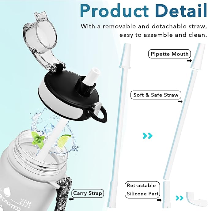 Enerbone Water Bottle, Leakproof BPA & Toxic Free, Motivational Water Bottle with Times to Drink and Straw, Fitness Sports Water Bottle with Strap for Office, Gym, Outdoor Sports-Ruum Studio Home