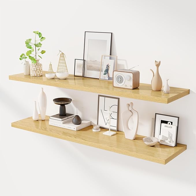 55" Floating Shelves for Wall, 12" Deep Slim Oak Floating Shelves, Wall-Mounted Shelves for Bedroom, Living Room, Kitchen, Bathroom - Set of 2-Ruum Studio Home