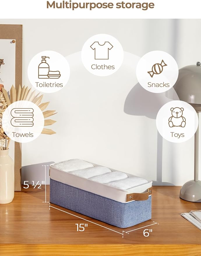 StorageWorks Narrow Storage Bins, Small Basket for Closet and Shelves, Fabric Organizer with Handles, Toilet Paper Storage, Blue and White, 2-Pack-Ruum Studio Home
