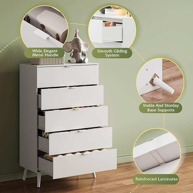 WLIVE 5 Drawer Dresser for Bedroom, Tall Wood Dresser, White Dressers Storage Organizer with Sturdy Metal Handle, Chest of Drawers for Living Room, Hallway, Closet-Ruum Studio Home