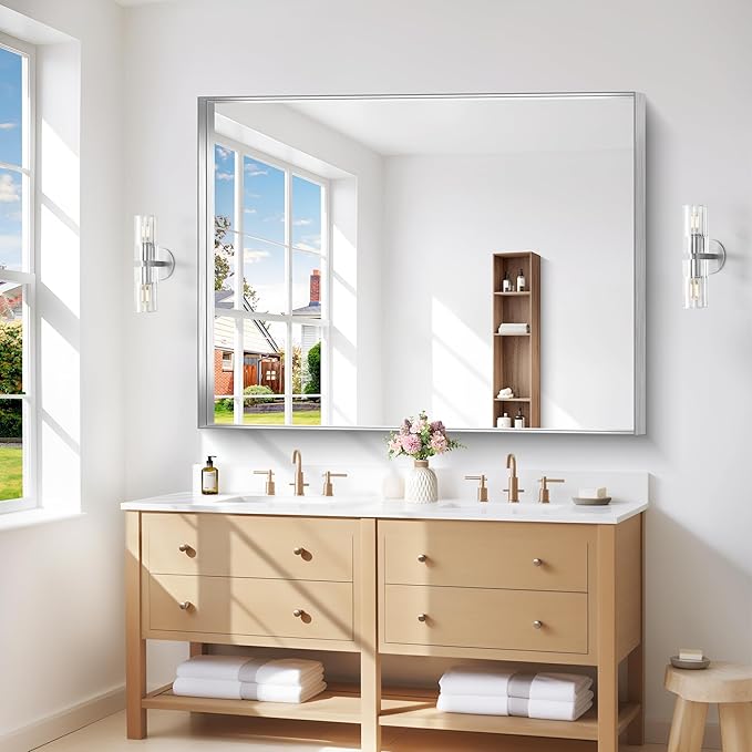 Silver Bathroom Mirror, 36x48 Inch Rectangular Deep Frame Mirror, Large Wall Mounted Bathroom Vanity Mirror Over Sink for Bedroom,Restroom, Living Room, Hangs Vertically or Horizontally-Ruum Studio Home
