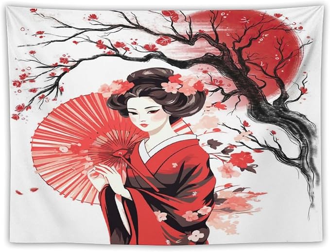 Japanese Red Geisha Tapestry Asian Cherry Blossom Traditional Kimono Folk Tapestries Home Decor for Living Room Bedroom Apartment Farmhouse Dorm 90"x60"-Ruum Studio Home