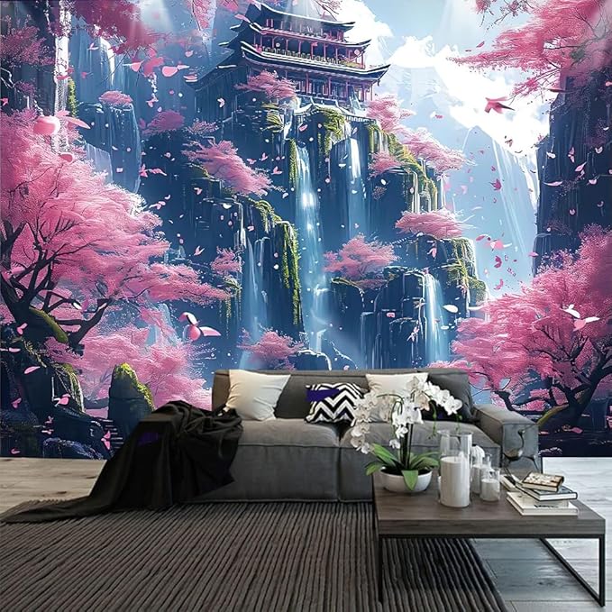 FENDROM Japanese Aesthetic Pink Cherry Blossom Tree Tapestry Building On Mountains Waterfall River Fairytale World Asian Art Tapestry for Bedroom Living Room-Ruum Studio Home