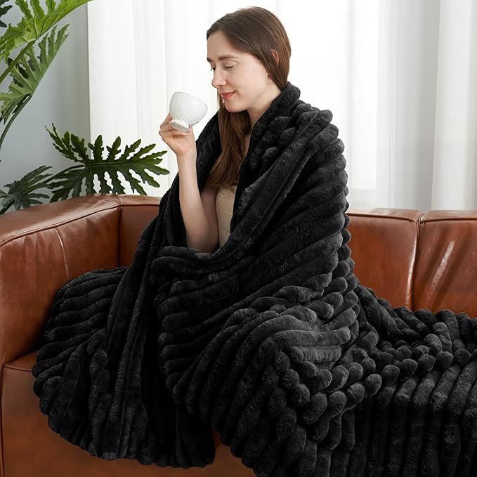 Amélie Home Faux Fur Throw Blanket for Couch, Cozy Fuzzy Fluffy Fur Luxurious Soft Striped Plush Gift Blankets for Family Sofa Chair Bed Living Room Bedroom, 55"x70", Black-Ruum Studio Home