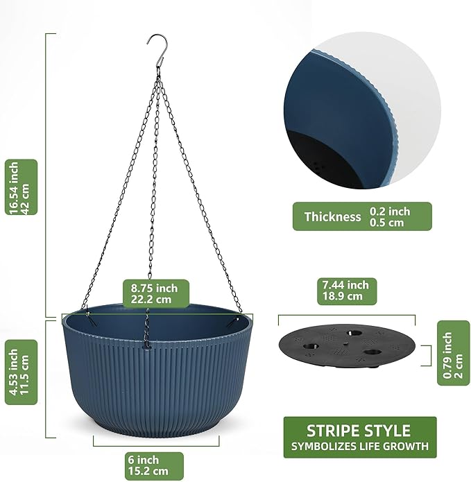 Dexceder 8.75 Inch Self Watering Hanging Planters Indoor Outdoor, Thickened Hanging Basket Flower Plant Pot (2 Pack, Deep Blue)-Ruum Studio Home