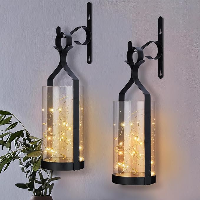 Metal Wall Sconce 35 Led Lantern Set of 2 - Black Wall Mounted Hanging Holder with Glass & Candles Vintage Wall Decor for Porch, Living Room, Dining Room, Bedroom Indoor Decor-Ruum Studio Home