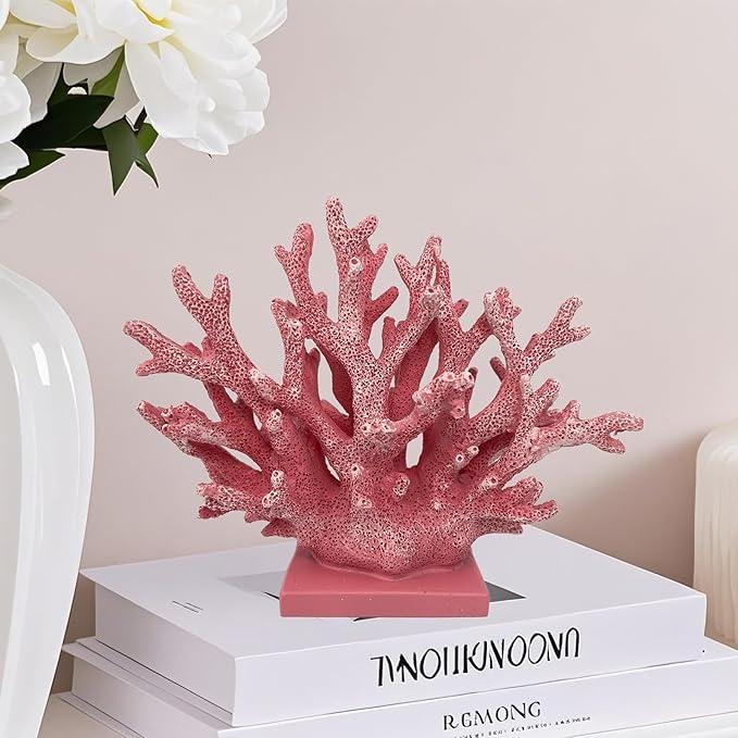 5.8" H Pink Coral Decor - Resin Coral Statue, Nautical Decor for Home, Bedroom, Bathroom, Living Room, Ocean Themed Cabinet Shelf Tabletop Decoration-Ruum Studio Home