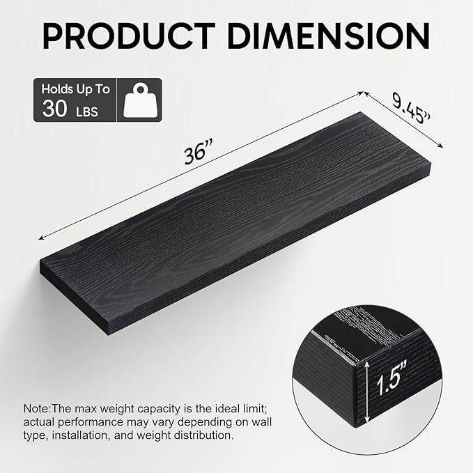 BAYKA Floating Shelves for Wall, 36 inches Long Wall Mounted Rustic Wood Shelves for Bathroom, Bedroom, Living Room, for Books/Storage/Decor with 30lbs Capacity（Black,Set of 3-Ruum Studio Home