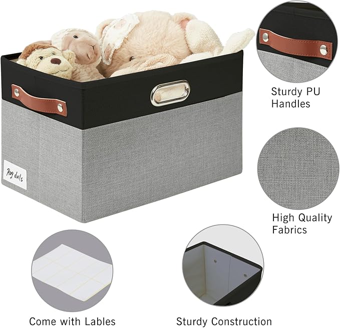 Large Collapsible Fabric Storage Bins with 3 Handles, Foldable Organizer Baskets for Closet, Shelves, Living Room | 3 Pack, Durable PU & Metal Handles (14.9"x9.8"x9.8", Black & Gray)-Ruum Studio Home