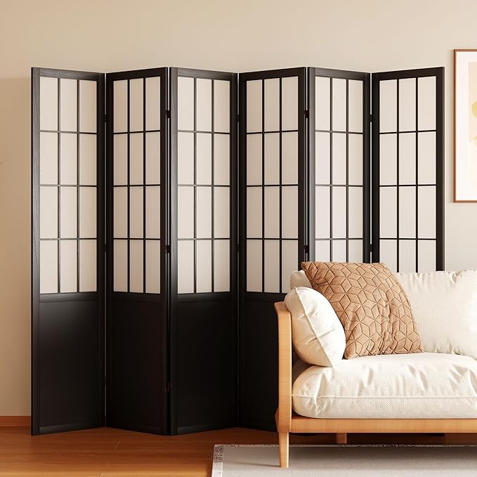Room Divider, 66.9Inch Tall Japanese Shoji Style Folding Wood Screen with Double Hinges for Home Office Bedroom Hotel Decoration (6Panels, Black)-Ruum Studio Home