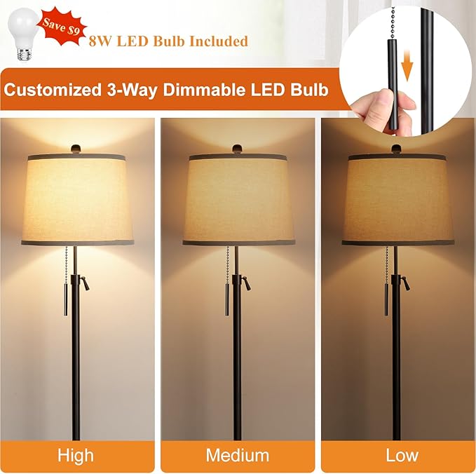 Floor Lamps for Living Room, Black Floor Lamp Adjustable Height Standing Lamp, Dimmable Modern Tall Floor Lamp for Bedroom Office with Beige Linen Shade, 8W 3000K Bulb Included-Ruum Studio Home
