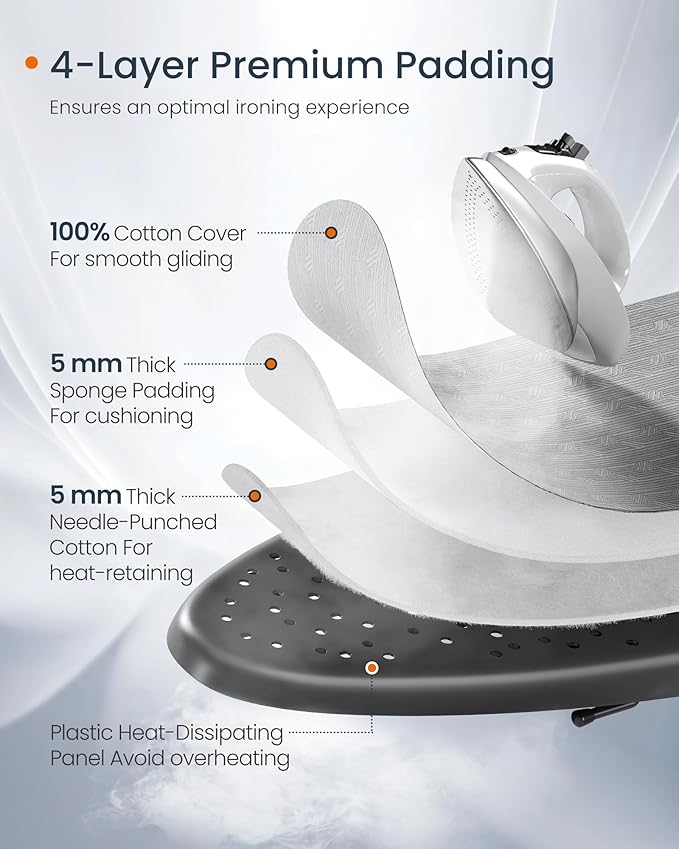 SONGMICS Ironing Board, Foldable Iron Board, Height Adjustable up to 35 Inches, with 4 Layered Cover and Pad, Iron Rest, Hook, Steel X-Legs, for Home, Laundry Room, Dorm, Dove Gray ULLB001G01-Ruum Studio Home