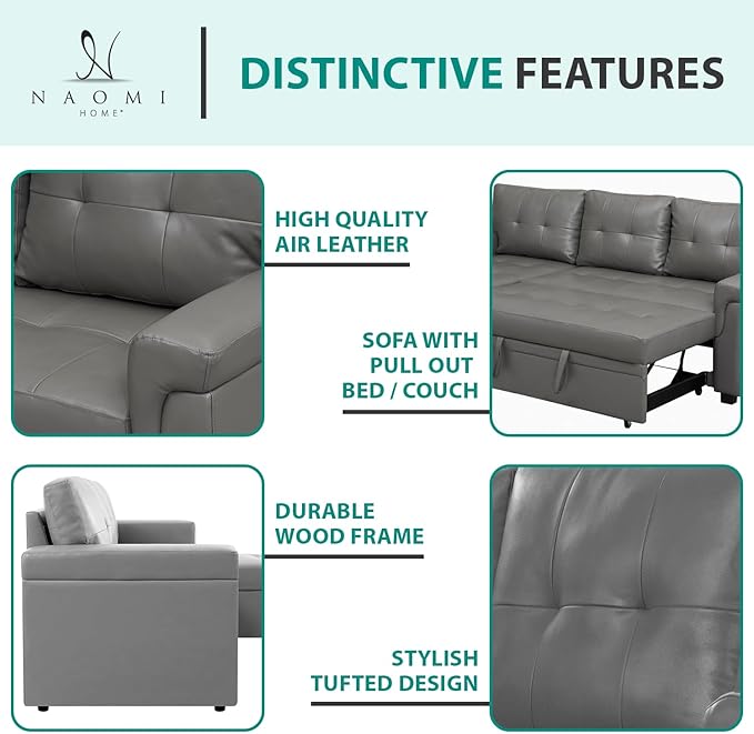 Naomi Home L-Shaped Reversible Sectional Sofa with Pull-Out Sleeper Bed and Storage Chaise, Gray Air Leather-Ruum Studio Home