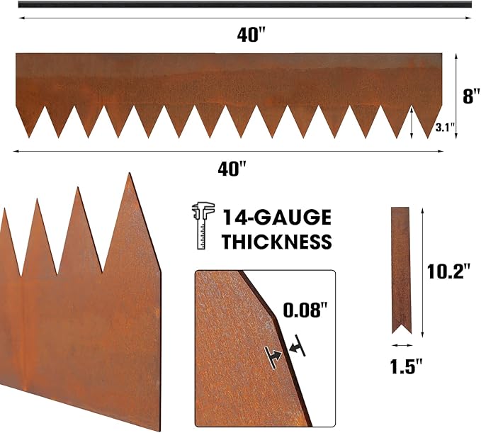 Worth Garden 6-Pack Cor-Ten Steel Landscape Edging with Black Protection Strips - Rust Patina Finish 40" L x 8" H (20Ft Total) - Hammer-in 14-Gauge Metal Corten Lawn Yard Edging Border w/ 7 Clips-Ruum Studio Home