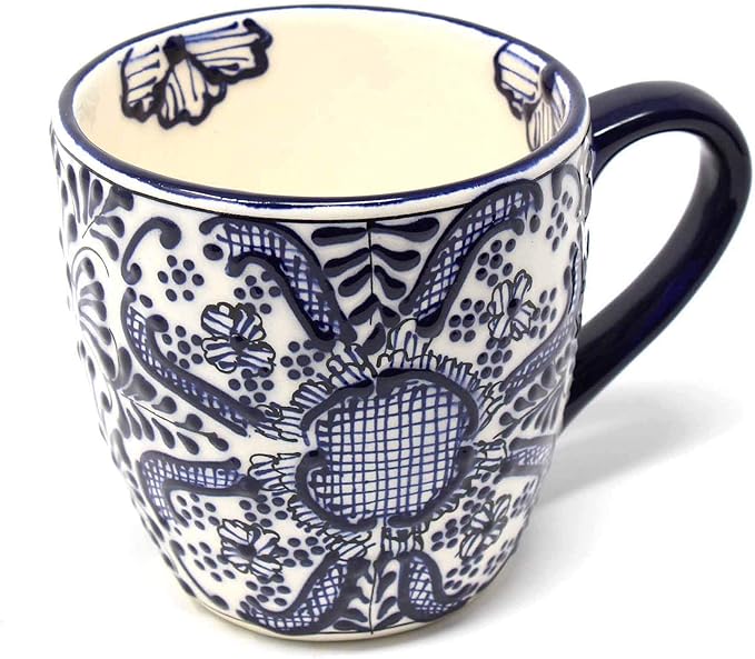 Encantada Handmade Hand-Painted Authentic Mexican Pottery Mugs (1-Pack, Cobalt Blue Flower)-Ruum Studio Home