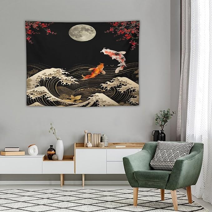 Houselerax Koi Fish Tapestry, Japanese Style Yin Yang Big Wave Cherry Blossom Tapestries Wall Hanging for Bedroom Living Room Office Decor 40"x30"-Ruum Studio Home