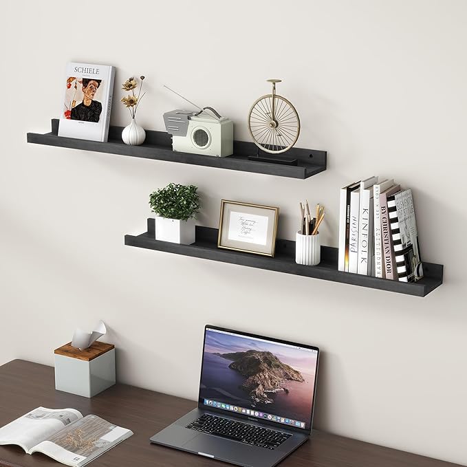 Picture Ledge Shelf for Wall, 36 inch Solid Pine Wood Nursery Book Shelves 2 Packs, Floating Ledge Shelves for Kids' Room Bedroom Bathroom Living Room Photo Frames Office Nursey Wall Decor, Black-Ruum Studio Home